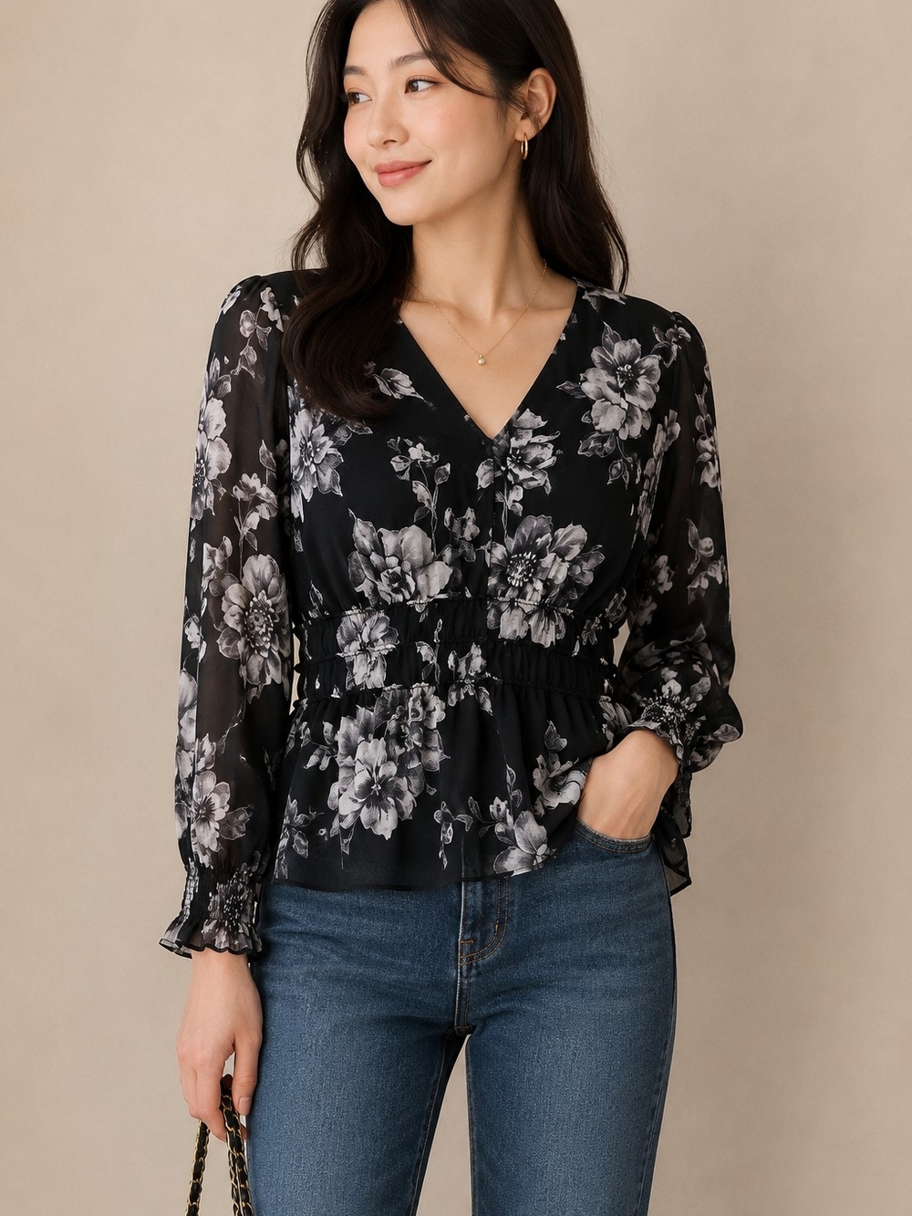 White House Black Market Black Floral V-Neck Smocked Peplum Blouse